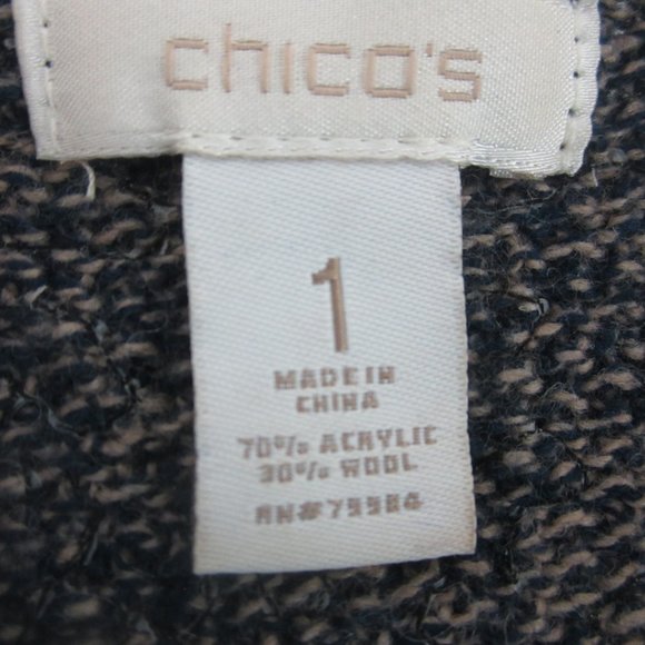 CHICOS 1 Womens Medium Blue Beige LS Silver Sequin Front Zip Wool Blend Sweater - Picture 5 of 11